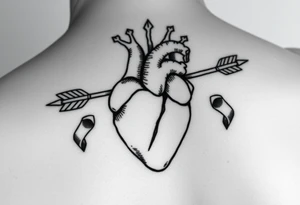 anatomical heart pierced by ornate arrow with flowing ribbons tattoo idea
