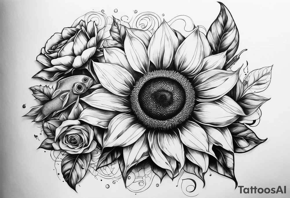 sunflower, camera, fish, flower rose tattoo idea