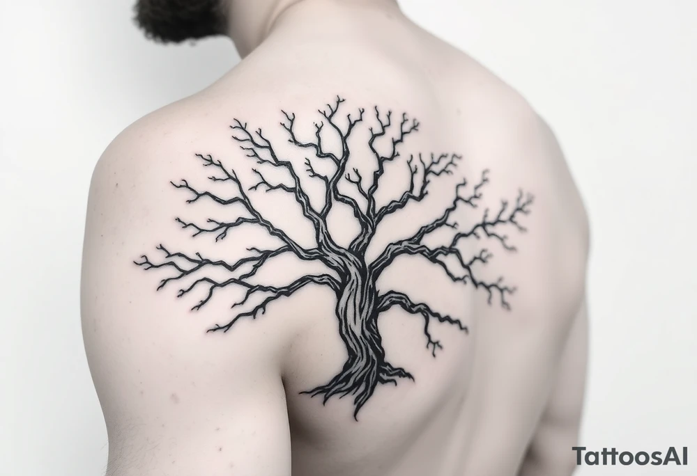 Flowing asymmetrical symbolic tree quarter sleeve on shoulder. Bold and simple branches that do not look realistic. Tree of gondor tattoo idea