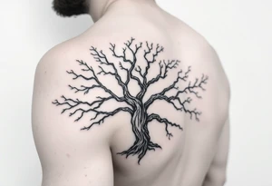 Flowing asymmetrical symbolic tree quarter sleeve on shoulder. Bold and simple branches that do not look realistic. Tree of gondor tattoo idea