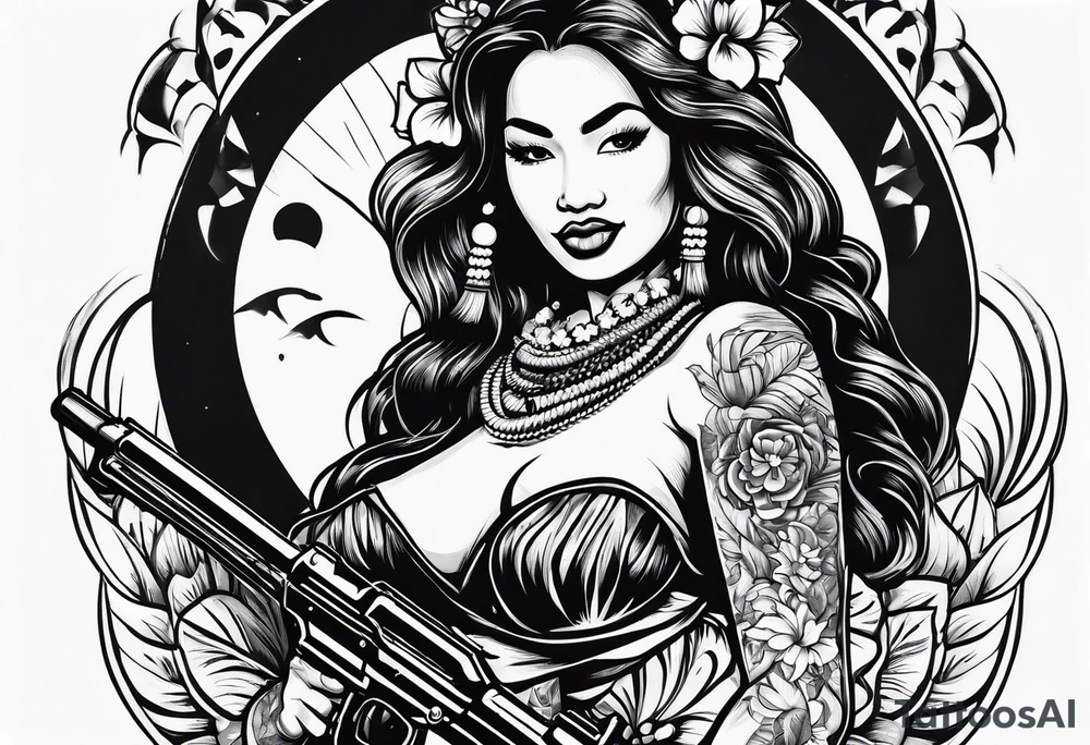 old school tahtian hawaian hula girl   with famas gun tattoo idea