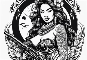 old school tahtian hawaian hula girl   with famas gun tattoo idea