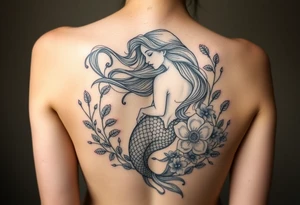 ethereal mermaid with flowing hair among coral and sea flowers tattoo idea