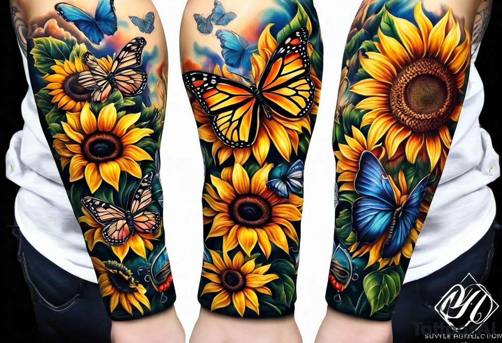 Arm sleeve with sunflowers and butterflies tattoo idea