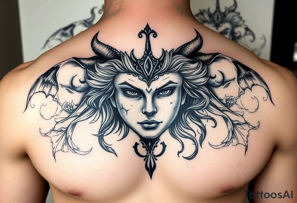 Half hades face and half persephone face middle pf the chest going all the way to both shoulders with background related tattoo idea