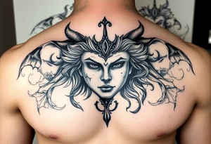 Half hades face and half persephone face middle pf the chest going all the way to both shoulders with background related tattoo idea