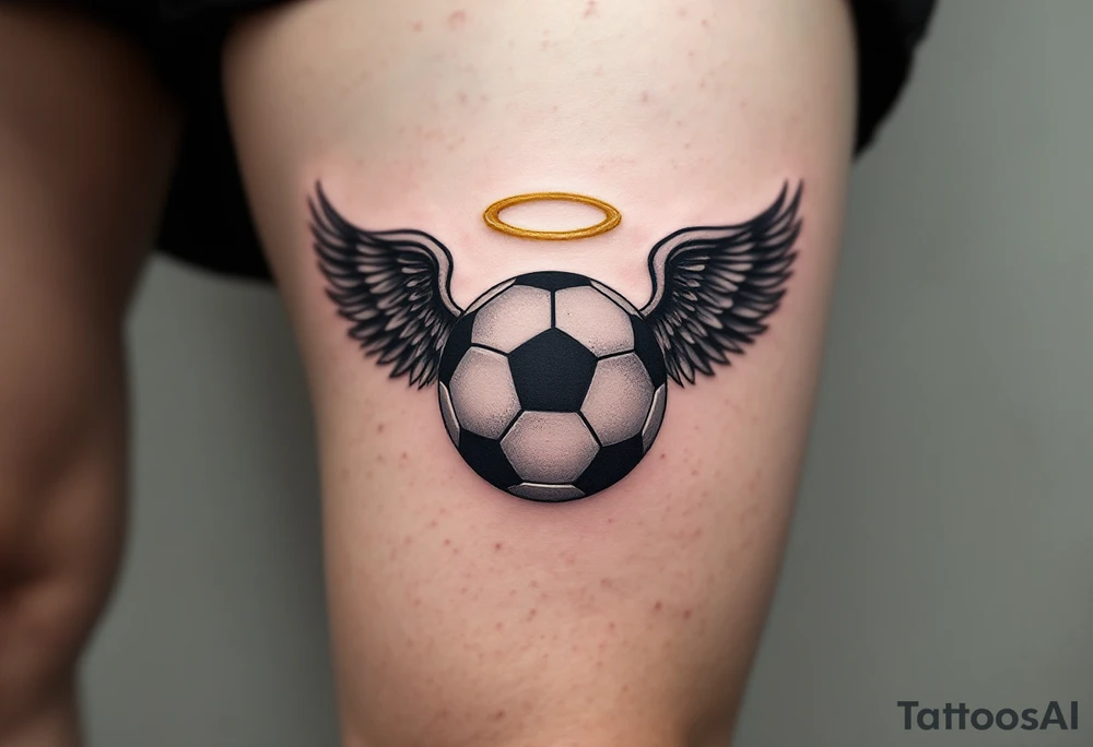 A black and gray soccer ball with angel wings and a golden halo above. tattoo idea