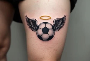 A black and gray soccer ball with angel wings and a golden halo above. tattoo idea