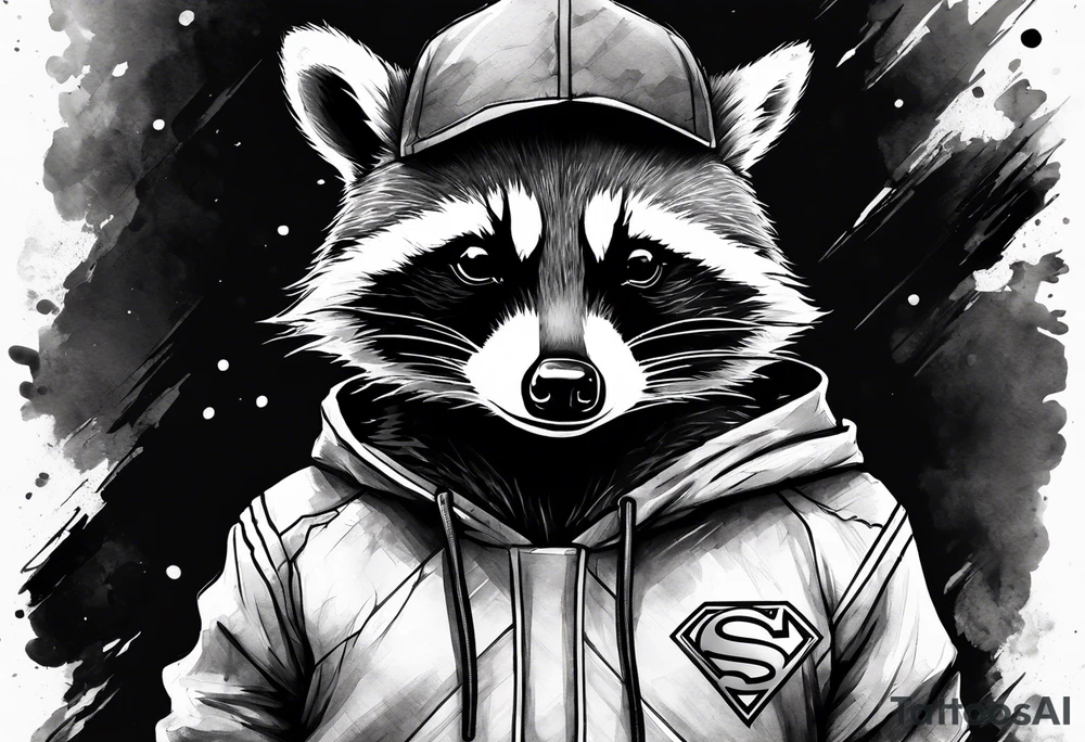 raccoon wearing a Superman hoodie tattoo idea