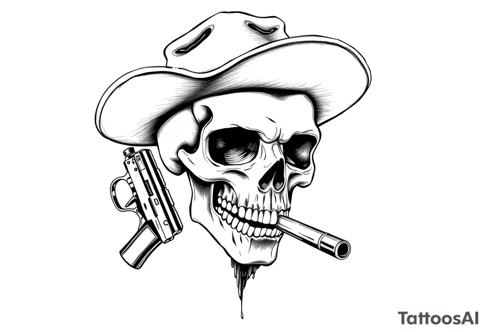 a skull with cowboy-hat and agun in his hand and a cigar in his mouth. tattoo idea
