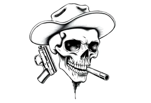 a skull with cowboy-hat and agun in his hand and a cigar in his mouth. tattoo idea
