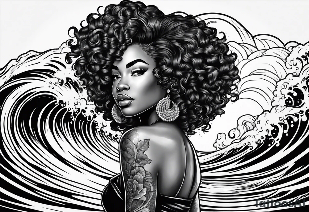 Black woman with natural hair surfing pinup tattoo idea