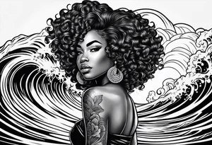 Black woman with natural hair surfing pinup tattoo idea