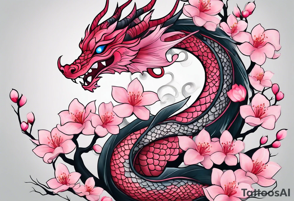 Delicate feminine simple dragon intertwined in cherry blossom, soft lines, soft dragon, pleasant dragon, beautiful cherry blossom tattoo idea