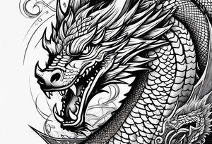 show me a tattoo design on back 
 where there is a sword and a dragon wrapped around it tattoo idea