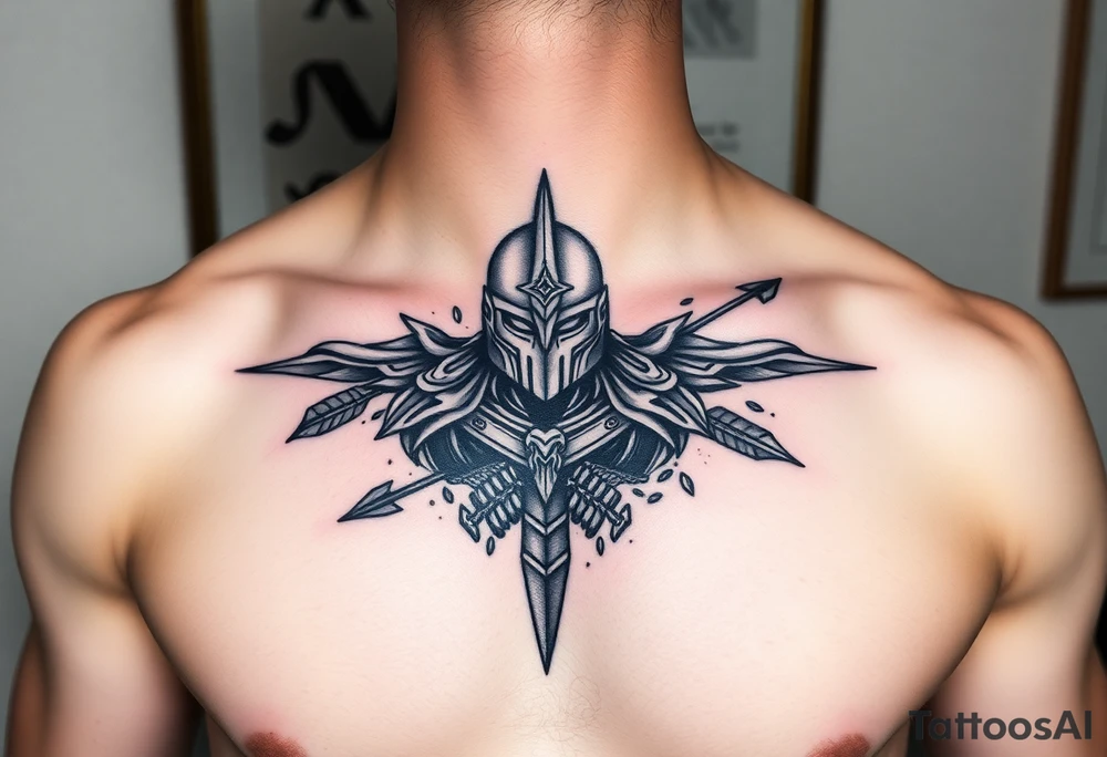 chest japan theme knight with arrow tattoo idea