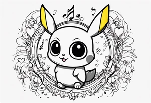 Pickachu squeezing a heart with heartbeart and music notes tattoo idea