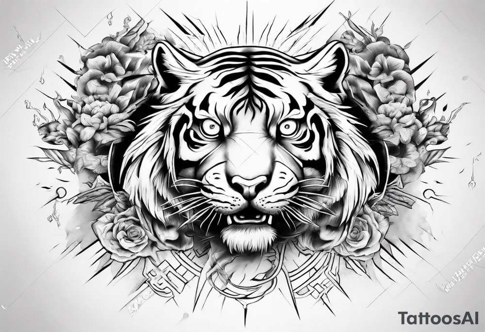 Ancient tiger with lightning and a sun for a forearm sleeve. With patterns surrounding it tattoo idea