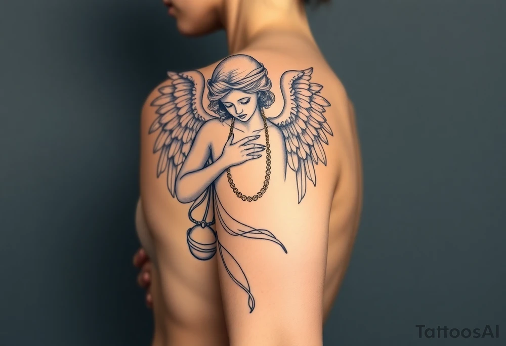 Create a statue of some angel, ruined with criminal corruption, tattoos, jewelry, gold necklaces. I would like this to be placed on the left arm. tattoo idea