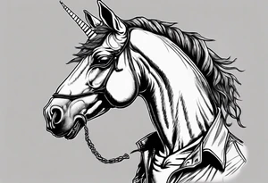 tough looking unicorn that is smoking a cigarette and is wearing dark glasses. The horse should be like thicker than a Clydesdale tattoo idea