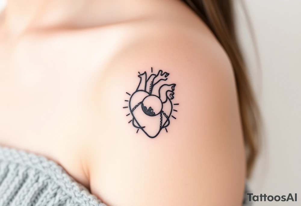 human heart chained up within circle sun with a moon inside, with an sublime type of vibe tattoo idea