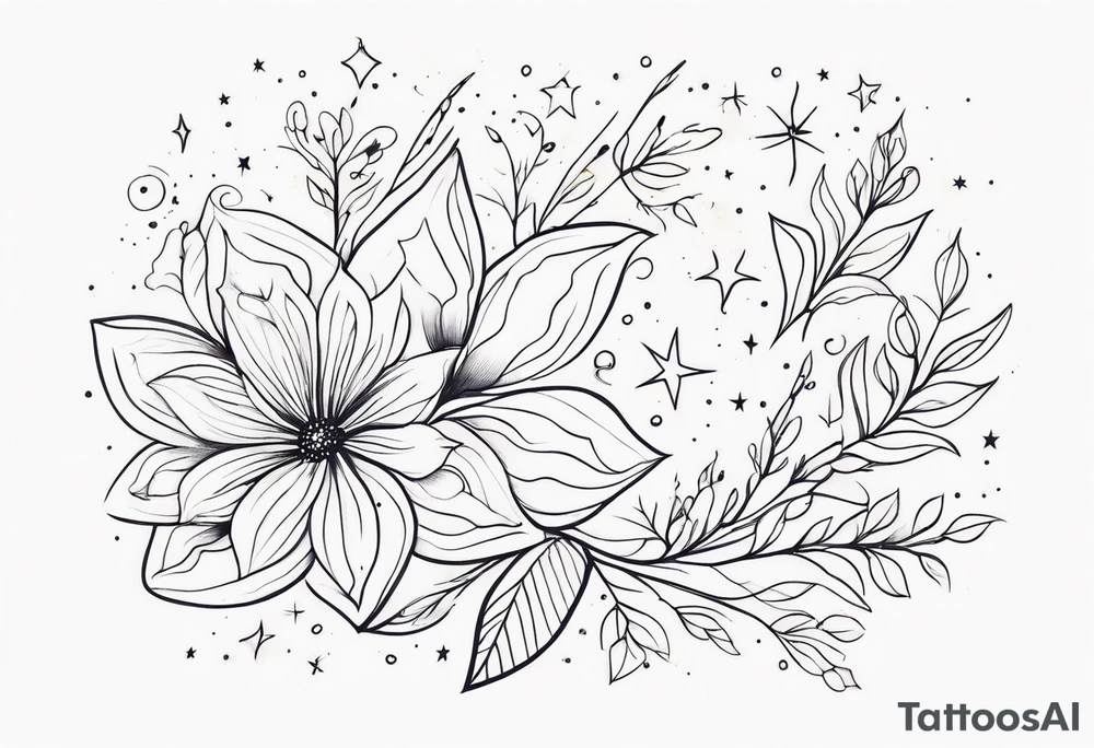 fine line floral with stars, swirls, dots tattoo idea
