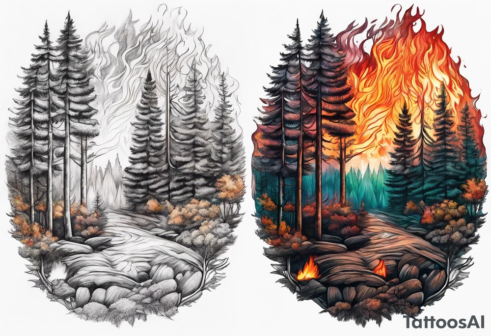 Forest with fire tattoo idea