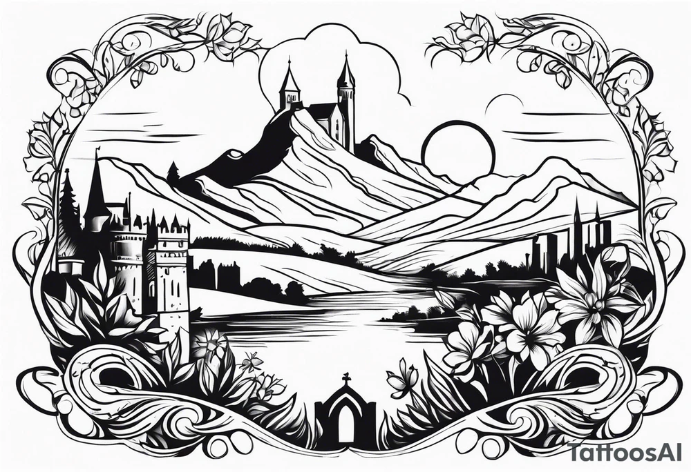 medieval tribal city 
floral  land  vignette tattoo idea