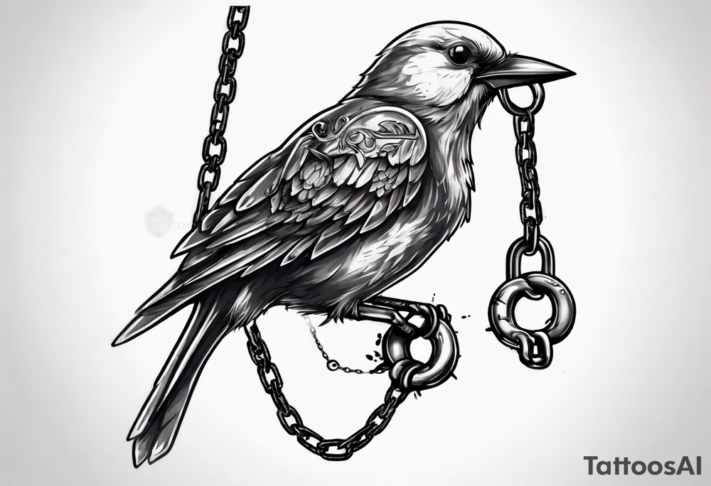 A headless songbird with shackle and chain on the leg tattoo idea