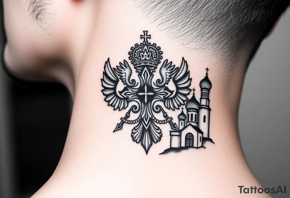 russian coat arms in a russian christian orthodox cross with the cross in the middle with a virgin mary & orthodox dome church on the side of the neck tattoo idea