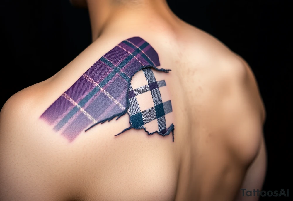 Dark Purple tartan fabric on shoulder with skin ripping back to reveal tartan underneath tattoo idea
