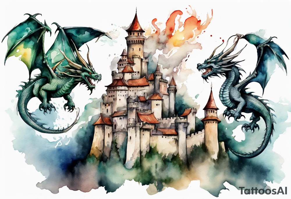 3 dragons flying around the highest part of the castle, defending it from a village with angry people tattoo idea