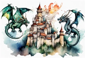 3 dragons flying around the highest part of the castle, defending it from a village with angry people tattoo idea