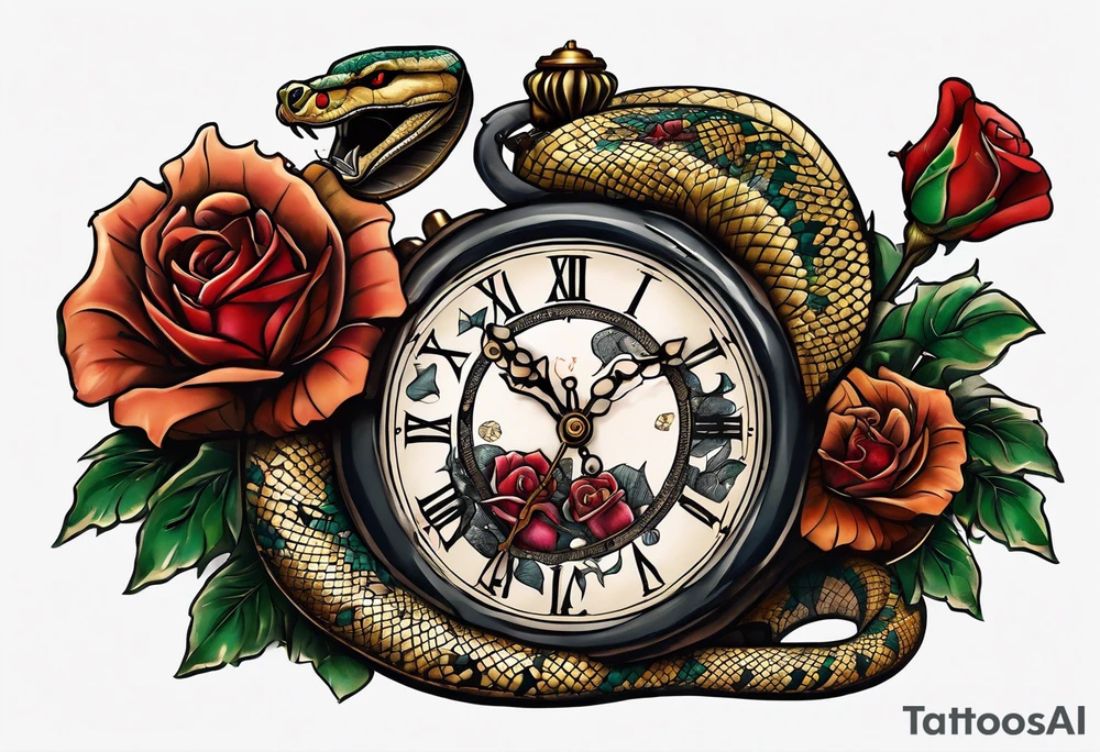 Powerful King cobra wrapped around and breaking an old broken watch clock with dead roses all around in the background tattoo idea