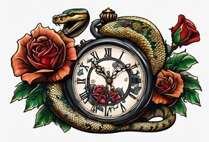 Powerful King cobra wrapped around and breaking an old broken watch clock with dead roses all around in the background tattoo idea