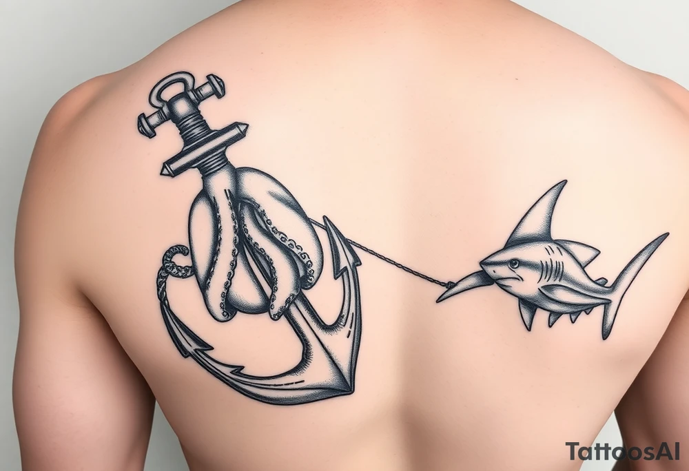 anchor with a pair of lung ingraved on it with an octopus who is holding the anchor and pulling doward on my forearm then on my upper arm and shoulder a hammerhead shark who is tied to the anchor and  pulling up on it tattoo idea