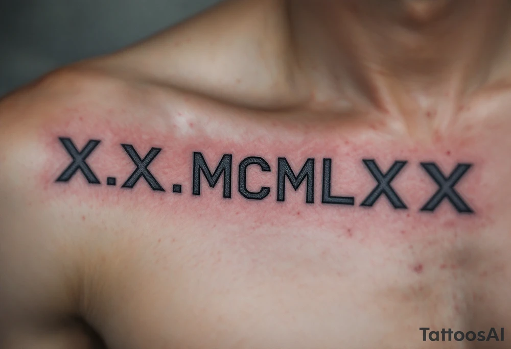 Large X.X.MCMLXX across the ribs in distressed gray ink, designed to look like it’s carved into stone. tattoo idea