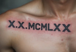 Large X.X.MCMLXX across the ribs in distressed gray ink, designed to look like it’s carved into stone. tattoo idea