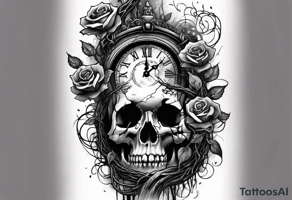 tattoo sleeve, tree roots break out of the chains at the bottom of the hand, Symbolizing loss, an image of a broken mask, Clock with flying numbers, girl, skull, roses tattoo idea