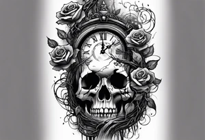 tattoo sleeve, tree roots break out of the chains at the bottom of the hand, Symbolizing loss, an image of a broken mask, Clock with flying numbers, girl, skull, roses tattoo idea