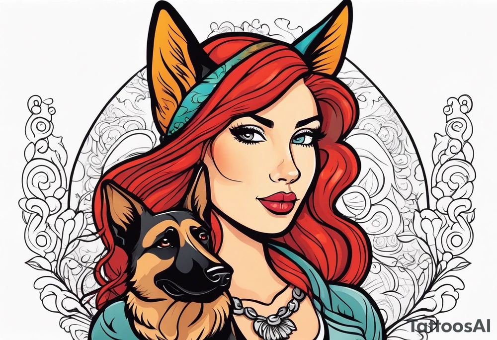 red hair woman with German shepherd dog tattoo idea