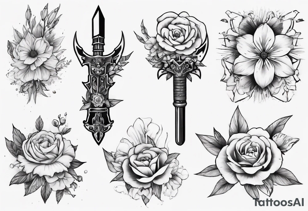 flowers with weapon tattoo idea