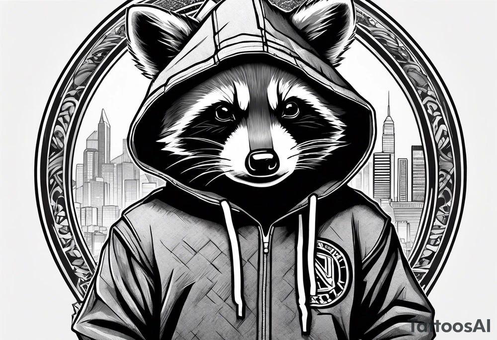 raccoon wearing a Superman hoodie tattoo idea