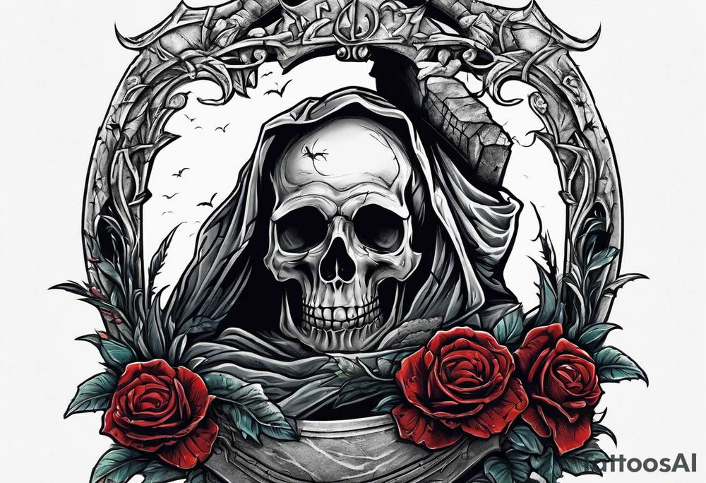 Man crawling out of grave. 
MIW Reincarnate written on gravestone tattoo idea