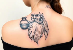 a big piece,The sign of the aquarian version human man almost resembling a god, with a large beard, with a jar on his shoulder with water coming out of it tattoo idea