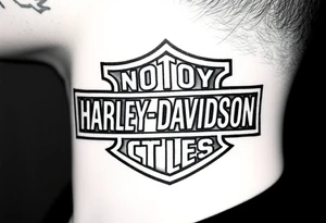 rip Logan a rustan in colligraphy letters inside of hollow Harley davidson sign tattoo idea
