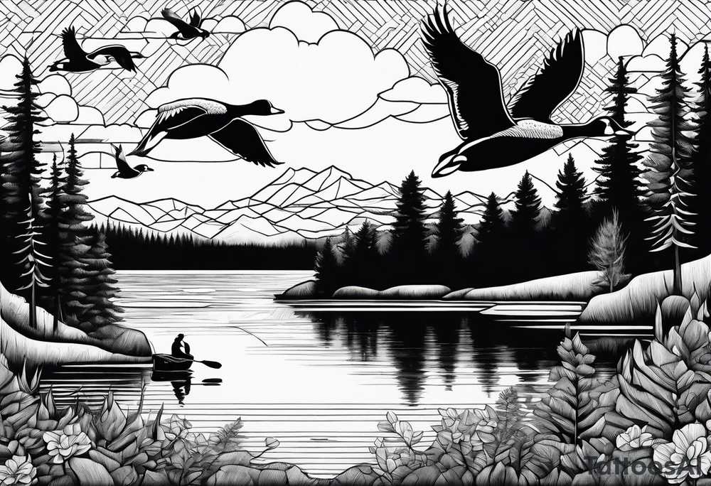 Wooded area with lake, mallards flying, and a model t tattoo idea