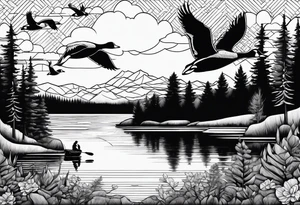 Wooded area with lake, mallards flying, and a model t tattoo idea