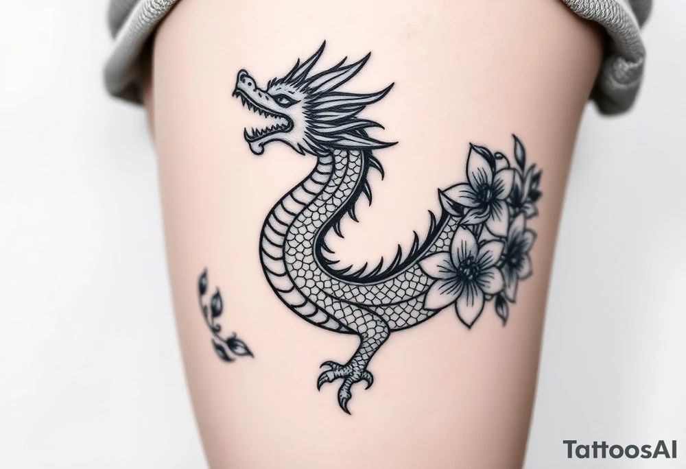 a big fire-breathing dragon with some lilys on the sides tattoo idea