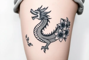 a big fire-breathing dragon with some lilys on the sides tattoo idea